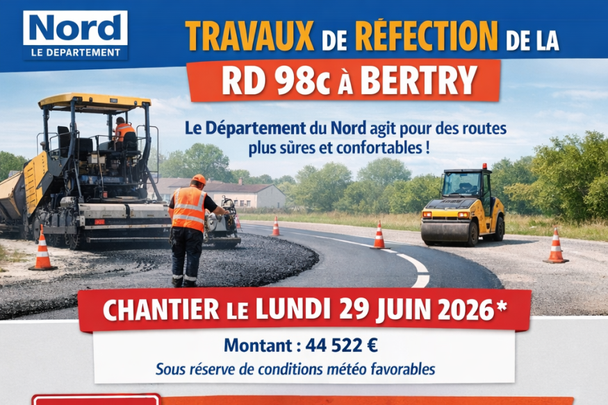 Bertry : Des travaux sur la RD 98c lundi 29 juin 2026, une déviation mise en place