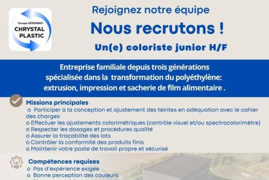 Caudry : l’entreprise familiale Chrystal Plastic recrute un coloriste junior pour soutenir sa croissance
