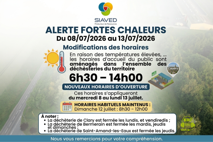 Alerte fortes chaleurs : les horaires des déchèteries du SIAVED s'adaptent