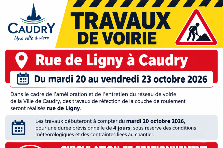 CAUDRY — Des travaux de réfection de la chaussée rue de Ligny du 20 au 23 octobre 2026